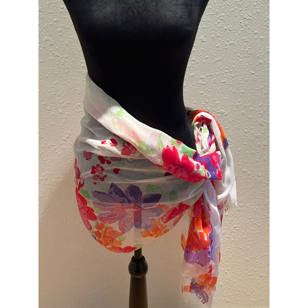 Women's Cynthia Rowley Floral Scarf & Wrap One Size White Red - Picture 4 of 7